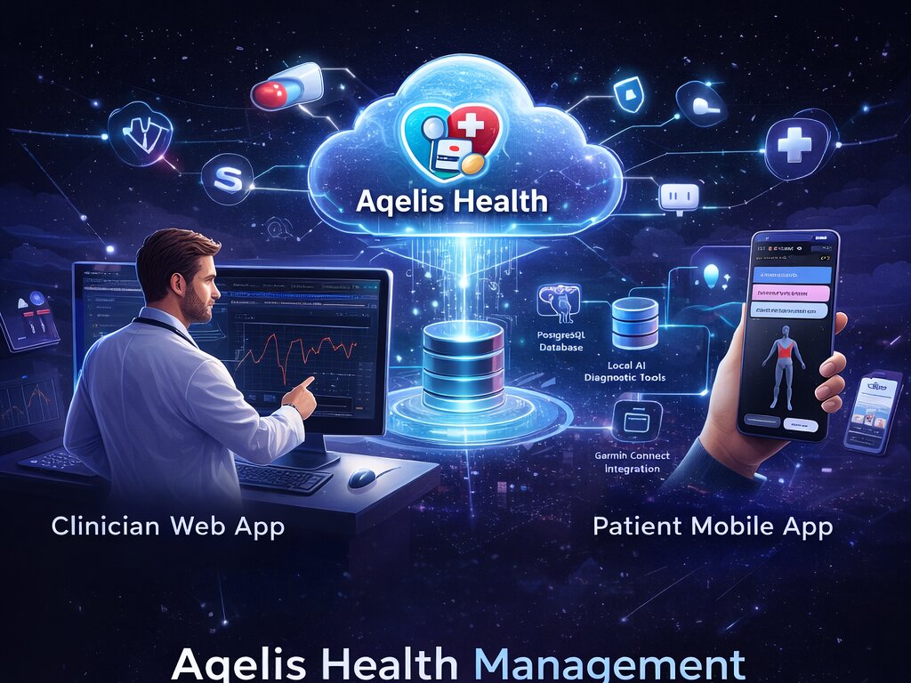 Aqelis Health Management - Clinician Web App and Patient Mobile App connected through cloud platform with AI diagnostics