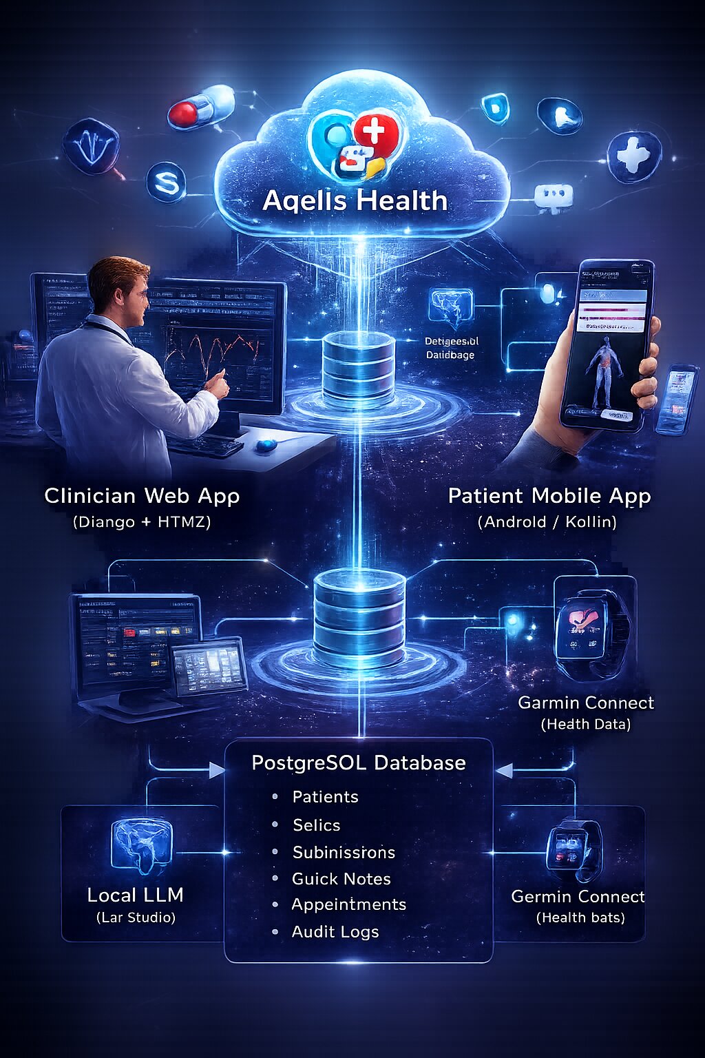Aqelis Health Platform Architecture - showing Clinician Web App, Patient Mobile App, PostgreSQL Database, Local LLM, and Garmin Connect integration